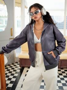 Loose Drop-Shoulder Zip-Up Sweatshirt With Star Print For Teen Girls, Casual Everyday Wear, Suitable For Spring/Autumn/Winter - Dark Grey - View 4