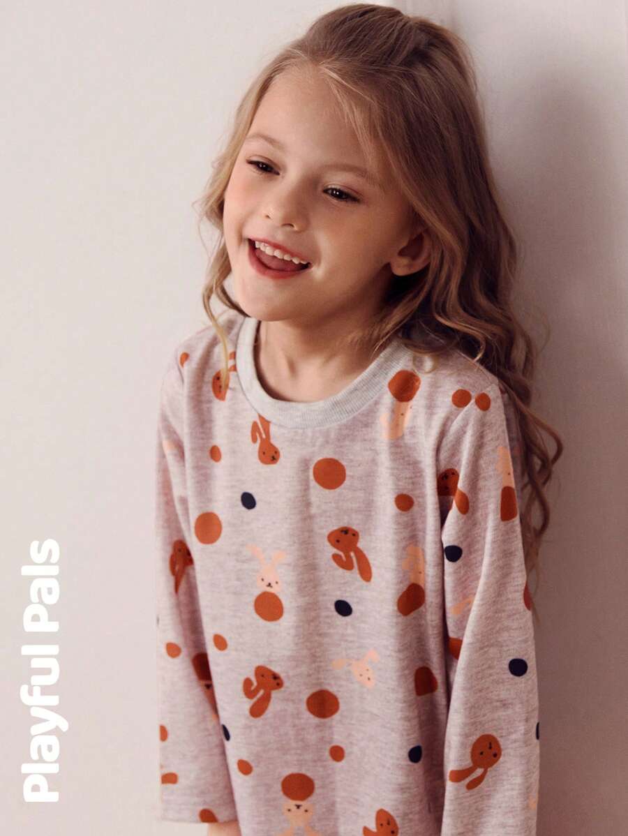 SHEIN Kleine Mädchen 2-teiliges Set mit lustigem T-Shirt-Kleid mit Kaninchenmotiv, süß/Vintage/Lässig/Home/Outdoor-Outfits für den Winter/Herbst - Verschiedenfarbig - Übersicht 1