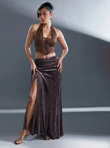 Hauture Halter Neck Lace Insert Lace Up Corset Top - Chocolate Brown - View 2