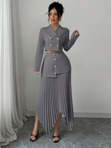 Elenzga 2pcs Women's Elegant Jacket With Lapel, Waist Gathering, Button And Asymmetrical Pleat Detail Fall Cloth For Women - Grey - View 4