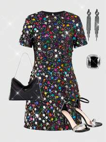 SHEIN Clasi Đầm dự tiệc mini sequin lấp lánh, Đầm cocktail tay ngắn thời trang cho nữ - Nhiều màu - Xem 1