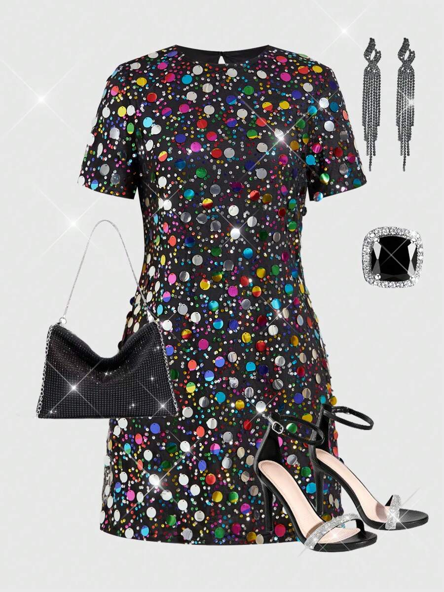 SHEIN Clasi Đầm dự tiệc mini sequin lấp lánh, Đầm cocktail tay ngắn thời trang cho nữ - Nhiều màu - Xem 1