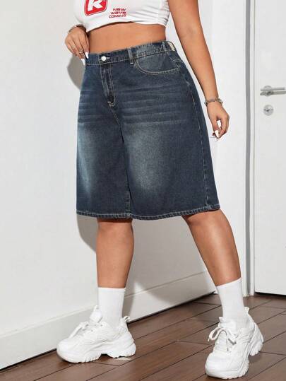 Dripcurv Blue Plus Size Denim Shorts Street Sexy Loose Pants Y2k Diagonal Pocket Denim Capris