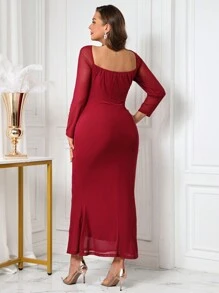 SHEIN Clasi Plus Size Women Square Neck Long Sleeve Mermaid Hem Slim Fit Elegant Dress - Burgundy - View 8