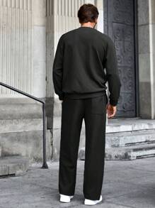 Manfinity RelaxMax 2 pièces Ensemble sweat-shirt et pantalon de jogging décontracté à col rond de couleur unie à manches longues pour homme, pour l'automne