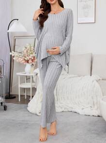 Asymmetrical Hem Solid Color Velvet V-Neck Long Sleeve Maternity Loungewear Set - Grey - View 3