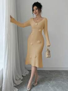 SHEIN Unity 女士 3D 花卉装饰纯色休闲长袖连衣裙 - 卡其色 - 查看 5