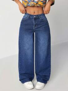 SHEIN EZwear 女士低腰休闲性感阔腿牛仔裤，蓝色 - 藍色 - 查看 5