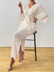 Celisse Women's Solid Color Long Sleeve V-Neck Tie Front Split Casual Dress Maxi Women Outfit - Apricot - View 3