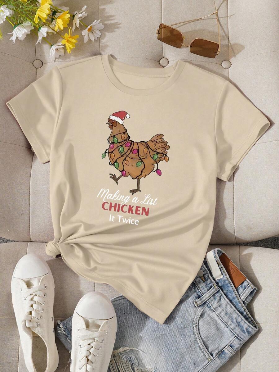 INAWLY 女士格言印花圆领短袖休闲 T 恤图案 T 恤女式上衣 - 杏色 - 查看 1