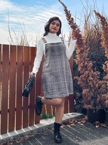 SHEIN EZwear 大码女式冬季连衣裙、休闲连衣裙、棕色千鸟格编织紧身毛衣连衣裙