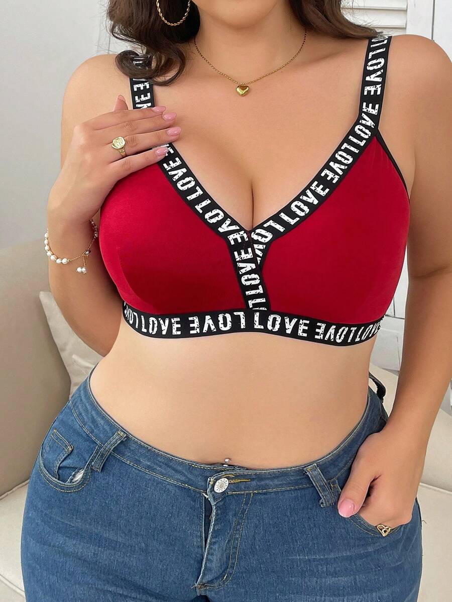 Plus Size Letter Pattern Wire-Free Bra, Sold In Single Item - Burgundy - View 1