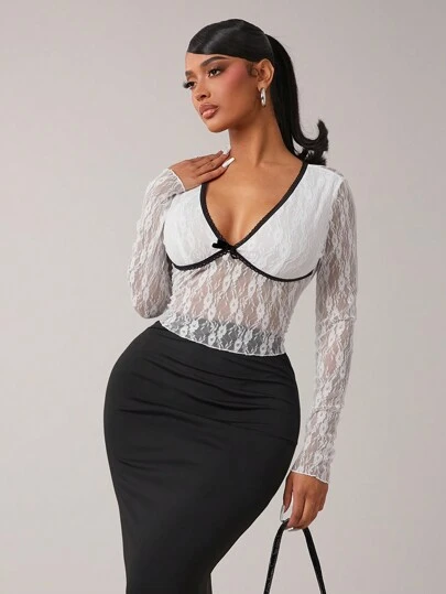SHEIN SXY Blusa de encaje blanca sexy y elegante para otoño/invierno, camiseta de manga larga con contraste negro y blanco
