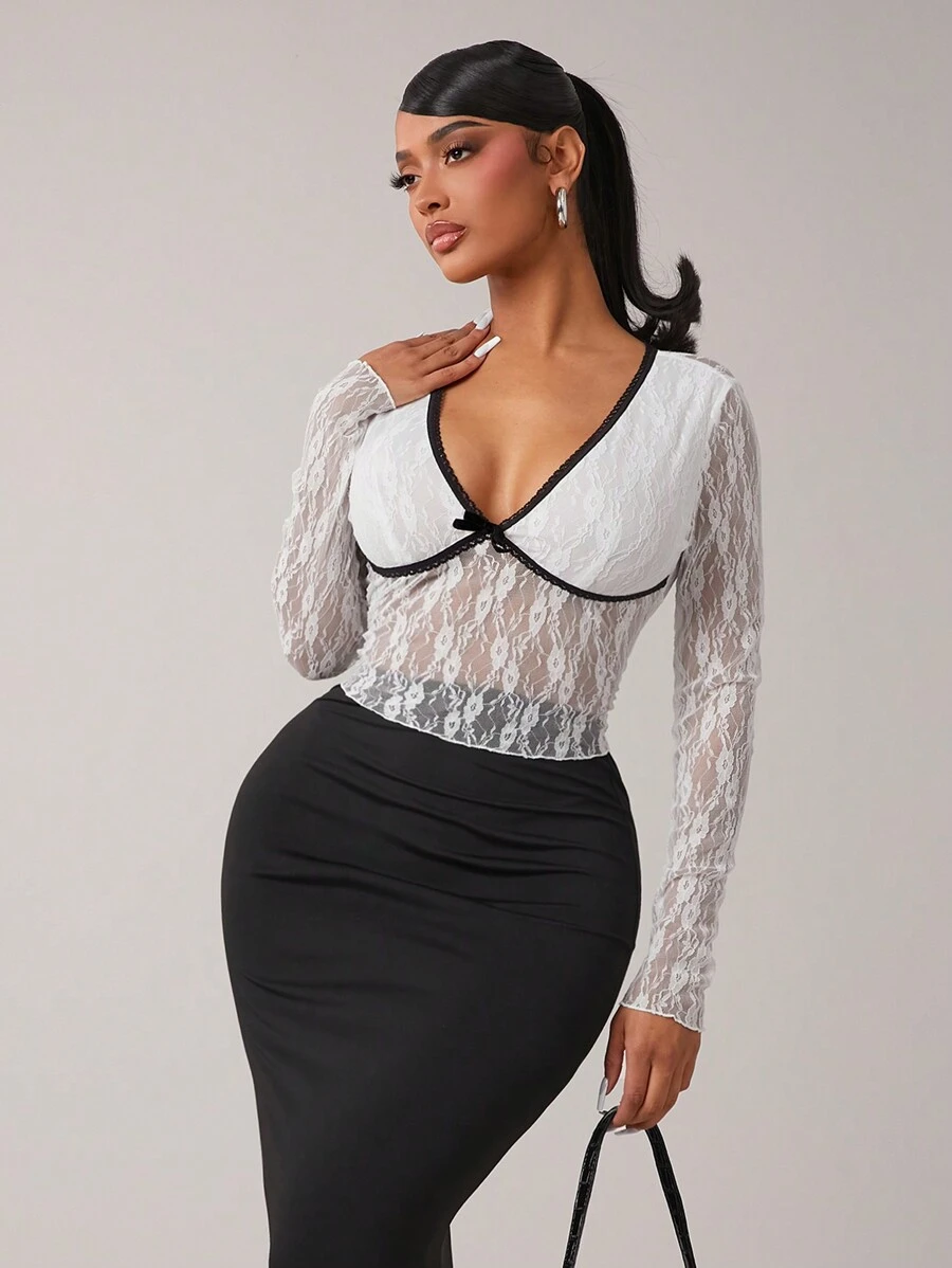 SHEIN SXY Autumn/Winter Sexy & Elegant White Lace Top, Black & White Contrast Long Sleeve T-Shirt - White - View 1