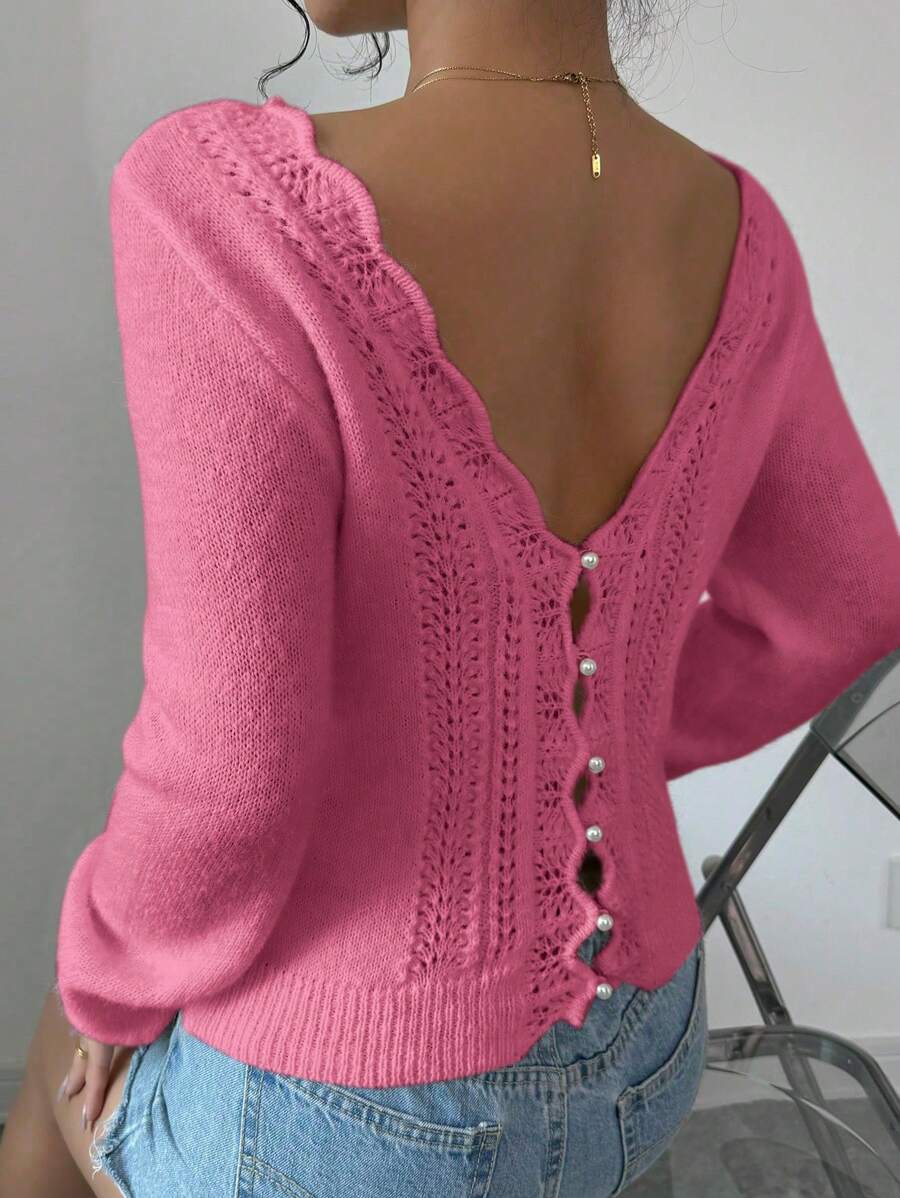 Islaluna 女士纯色贝壳边长袖休闲毛衣，日常穿着 - 玫紅色 - 查看 1