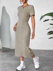 SHEIN EZwear Váy bo gân cổ tròn tay ngắn cho nữ, mặc thường ngày - Màu be - Xem 4