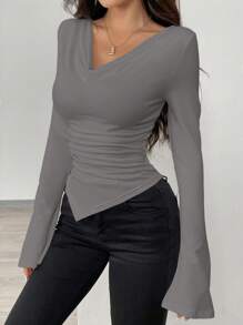 Zielony Women Draped Neck Solid Color Long Sleeve Knit Top With Asymmetrical Hemline Fall Cloth For Women - Light Grey - View 5