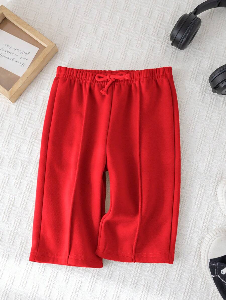 SHEIN Quần dài màu xám rộng rãi có dây rút eo cho bé gái, đa năng cho mùa thu/đông - Đỏ - Xem 1