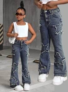SHEIN SLAYR KIDS SLAYR KIDS Tween Girls' Y2K Casual Stonewashed Frayed Star Pattern Denim Flare Leg Jeans,Tween Girl Fall Clothes Homecoming Outfits - Dark Wash - View 1