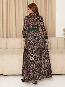 SHEIN Clasi Women's Long Leopard Print Color Block Shirt Collar Dress - Multicolor - View 2