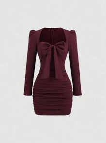Sweetra Elegante vestido de punto plano ajustado con manga larga, lazo y minifalda, vestido ceñido de color burdeos para mujer, conjunto de primavera y otoño