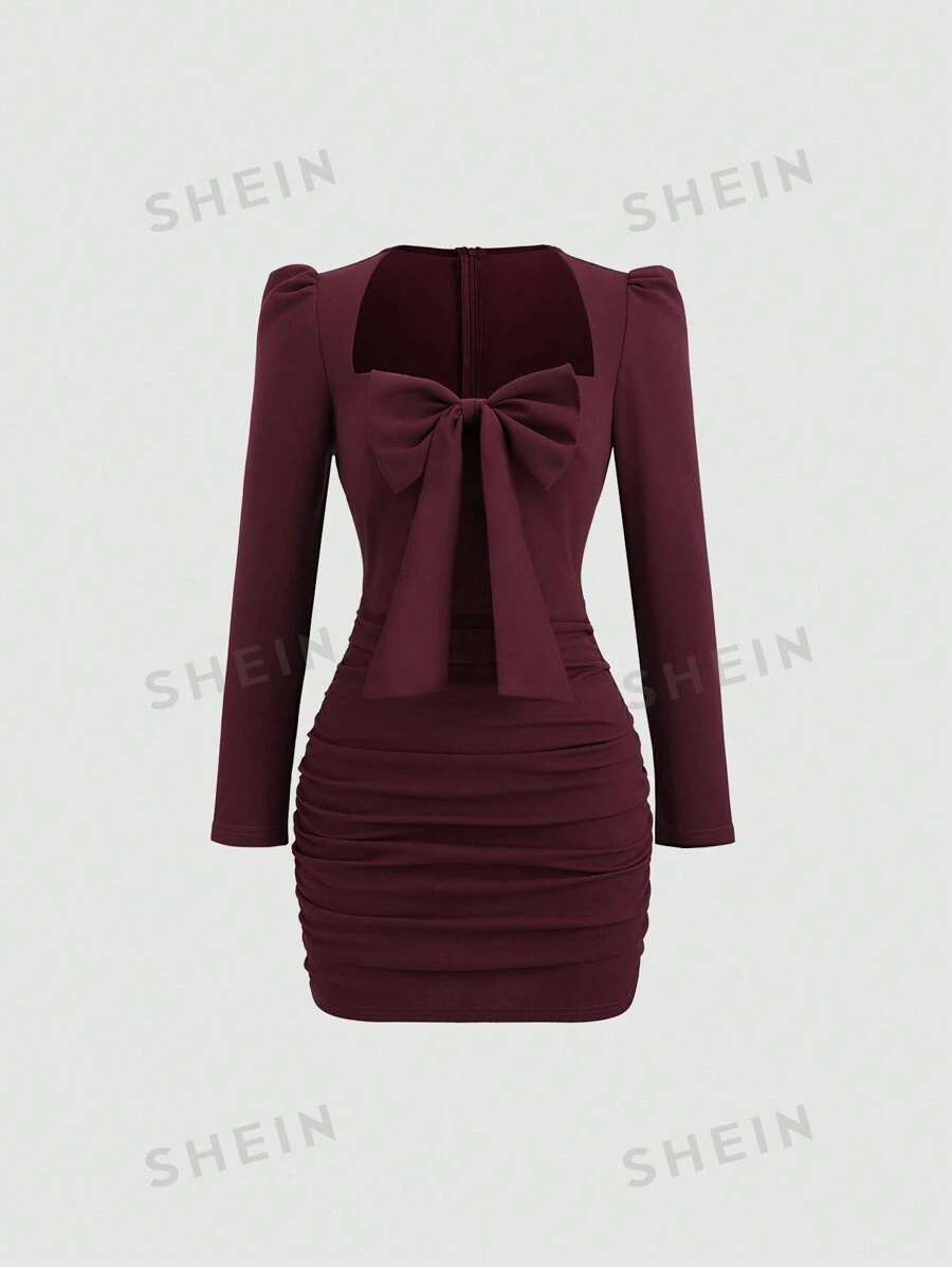 Sweetra Elegante vestido de punto plano ajustado con manga larga, lazo y minifalda, vestido ceñido de color burdeos para mujer, conjunto de primavera y otoño
