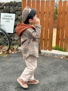 Young Boy Plaid Splice Long Sleeve Colorblock Hooded Casual Loose Jacket, Winter