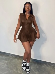 Slaydiva Casual Turn-Down Collar Black PU Cardigan Front Button Sleeveless Ruffle Hem Jumpsuit - Brown - View 5
