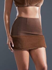 Hauture Women Plain Color Furry Patchwork Minimalist Skirt, Casual Everyday Wear