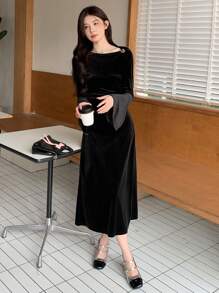 DAZY 女式斜襟喇叭袖修身小黑中长连衣裙，秋季服装长袖连衣裙 - 黑色 - 查看 6