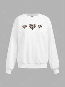 SHEIN EZwear 休闲纯色针织心形刺绣宽松女式长袖运动衫 - 白色 - 查看 1