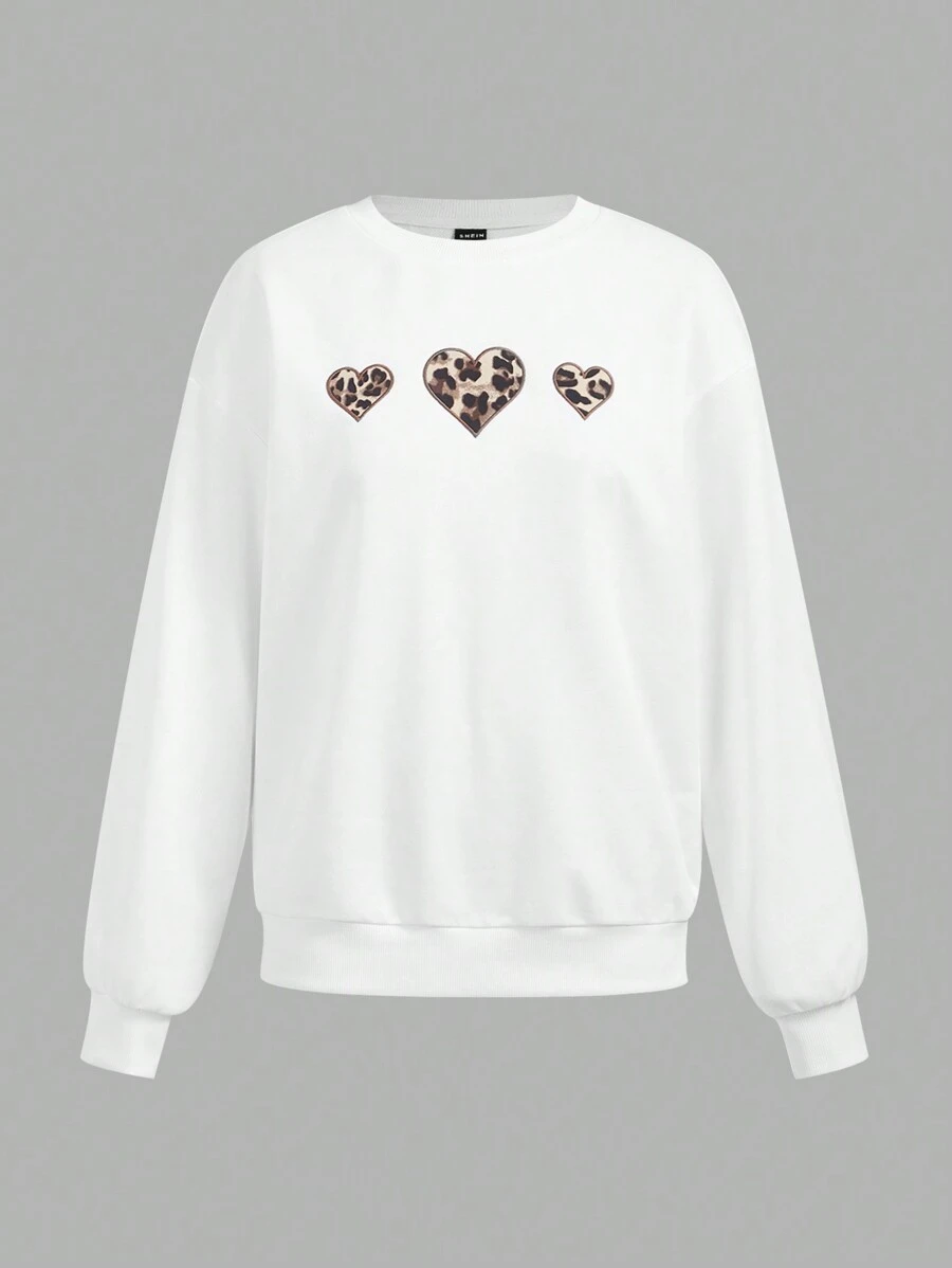 SHEIN EZwear 休闲纯色针织心形刺绣宽松女式长袖运动衫 - 白色 - 查看 1