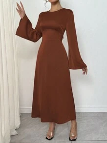 SHEIN Clasi 女士优雅长喇叭袖纯色露背交叉系带连衣裙，适合圣诞节和新年长款女装 - 棕色 - 查看 7