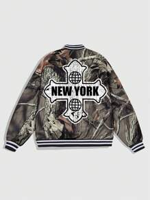 ROMWE MEN Street Life Men's Camo Branch & Letter Print Baseball Jacket, Autumn - Multicolor - View 1