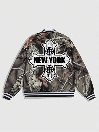 Street Life Chaqueta de béisbol para hombres con estampado de ramaje y letra camuflaje, para otoño