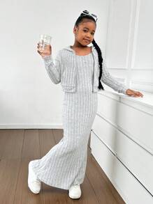 SHEIN Conjunto informal de adolescente con chaqueta con capucha y cremallera corta y falda ceñida larga tipo cola de pez