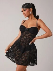 SHEIN SXY 性感闺房纯情黑色蕾丝细肩带迷你连衣裙 - 黑色 - 查看 3