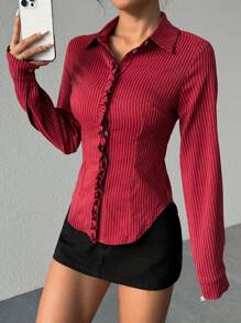 Flirla Casual Minimalist Ruched Striped Women Shirt