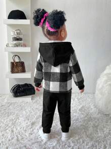 SHEIN Explorewe 2 件套女婴格子图案经典别致运动可爱服装，洋红色，适合秋冬季日常穿着 - 彩色 - 查看 2