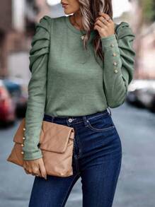 SHEIN Clasi Casual Solid Color Puff Sleeve T-Shirt, Versatile For Autumn - Mint Green - View 3