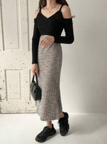 FRIFUL Đầm dài tay hở vai màu chắp vá thường ngày cho nữ - màu đen - Xem 2