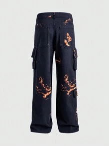 ROMWE MEN Street Life Casual Flame Print Cargo Jeans For Men - Black - View 2