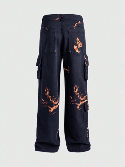 Street Life Casual Flame Print Cargo Jeans For Men