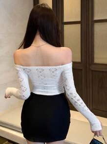 DAZY Women's Lace Off Shoulder Slim Fit Versatile T-Shirt, White, Spring/Summer