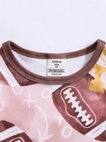 SHEIN 2 件女童休闲橄榄球图案长袖紧身睡衣套装，柔软温暖舒适，适合居家和睡眠