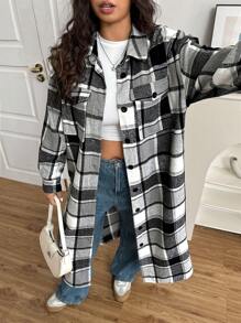 SHEIN EZwear Plus Size Front Button Long Sleeve Pocket Plaid Casual Jacket, For Winter - Black and White - View 1
