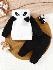 SHEIN 男婴冬季保暖法兰绒两件套，包括一件绣有可爱熊猫的长袖连帽运动衫和一条黑色长裤，适合各种场合。 - 黑與白 - 查看 2