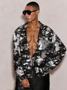 AKNOTIC Party 男士宽松银箔印花领长袖抽绳休闲透明衬衫，适合日常和派对穿着，派对老款男士宽松衬衫，可作为男友礼物 - 黑色 - 查看 1