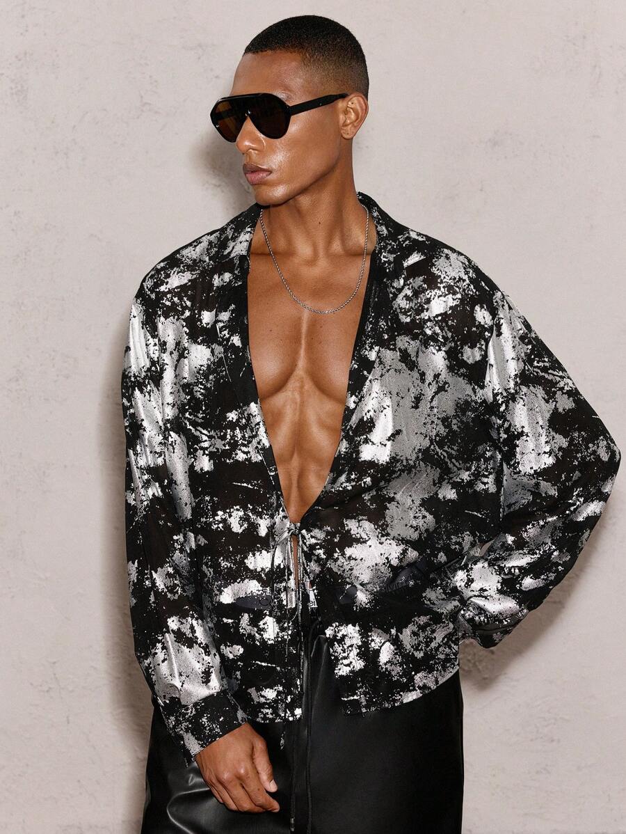 AKNOTIC Party 男士宽松银箔印花领长袖抽绳休闲透明衬衫，适合日常和派对穿着，派对老款男士宽松衬衫，可作为男友礼物 - 黑色 - 查看 1