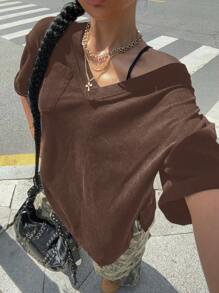 SHEIN EZwear 1 件女式纯色 V 领短袖口袋休闲 T 恤，棕色 - 棕色 - 查看 1